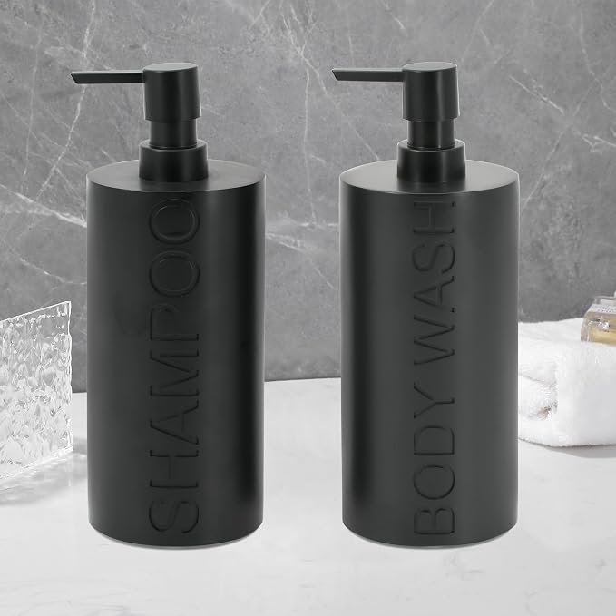 2-Pack Matte Black Resin Refillable Shampoo & Body Wash Bottles – Modern - Image 5