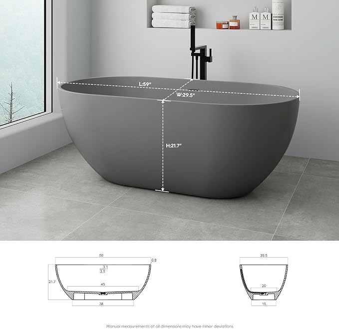 SJ STAR&JANE 59" Solid Surface Freestanding Bathtub Oval Stone Resin Soaking - Image 6