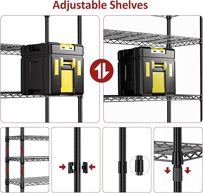 IZEUK 5 Tier Black Metal Storage Shelves, Heavy Duty Adjustable Wire Shelving - Image 4