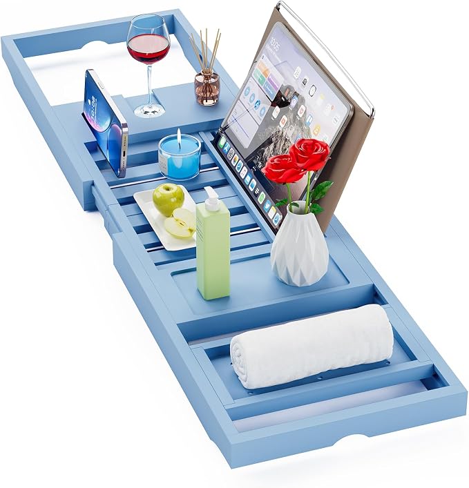 Yirilan Bamboo Bathtub Tray Caddy, 1 or 2 Person Expandable Wooden Bathroom Tray by Yirilan