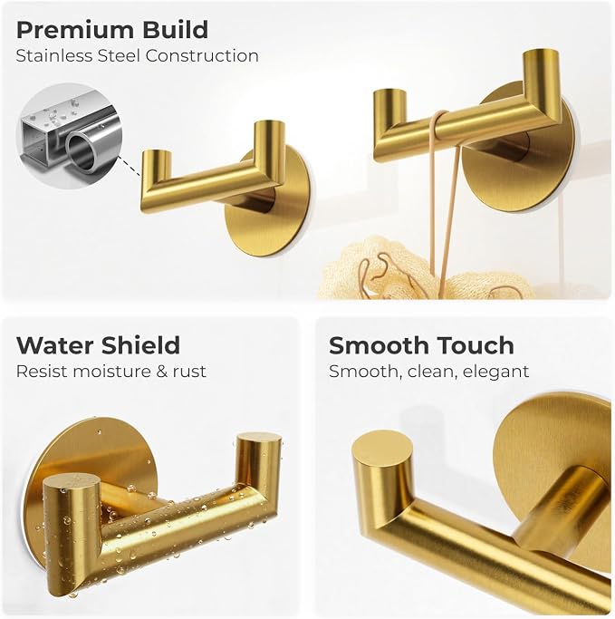2 Pack Brushed Gold Bathroom Hooks - Image 5