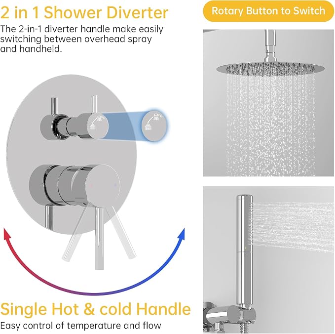 BESy Shower System with 10 Inch Round Rain Shower Head and Handheld Wall Mounted - Image 4