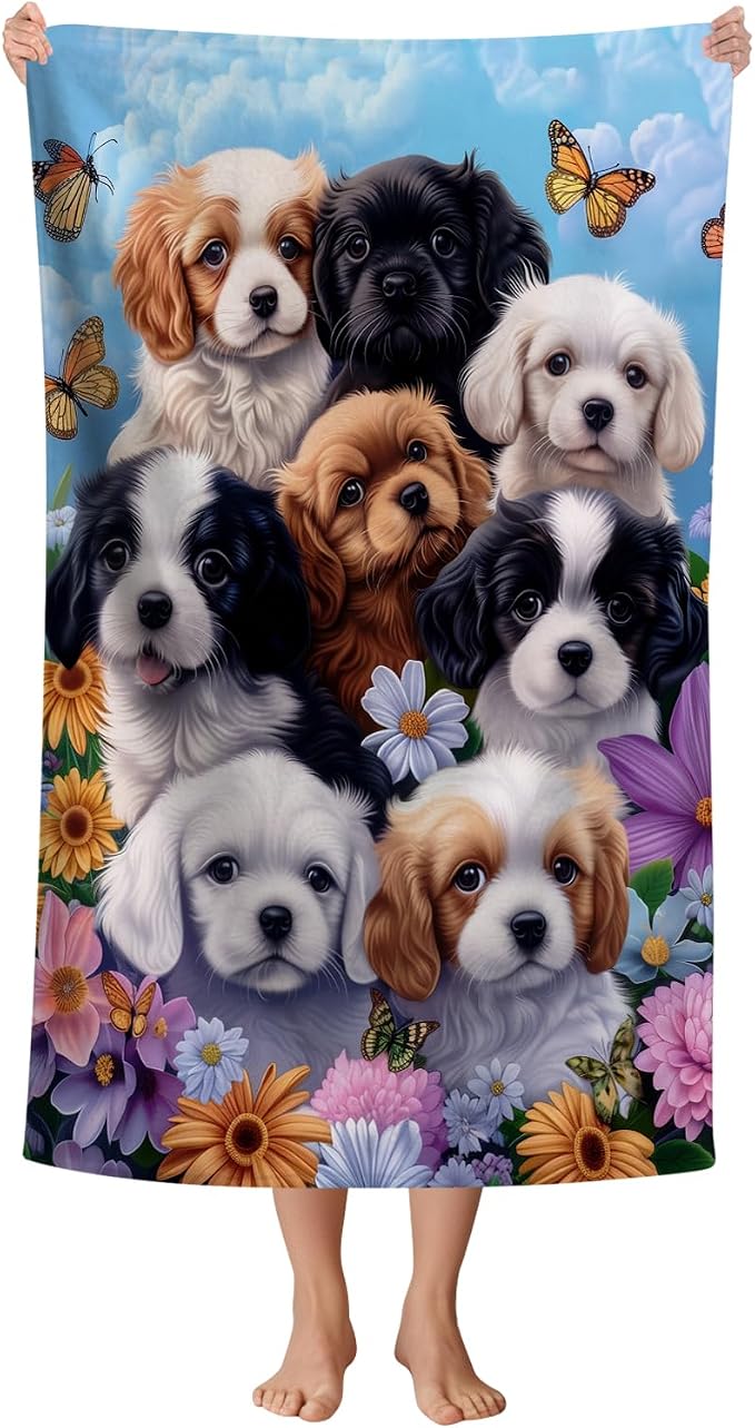 WZOMT Microfiber Dog Beach Towel, Cute Dog Bath Towels, Funny Puppy and Flowers by WZOMT