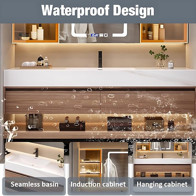 Single Sink Bathroom Vanity, Bathroom Cabinet has LED Lights Fog Mirror & Solid - Image 5