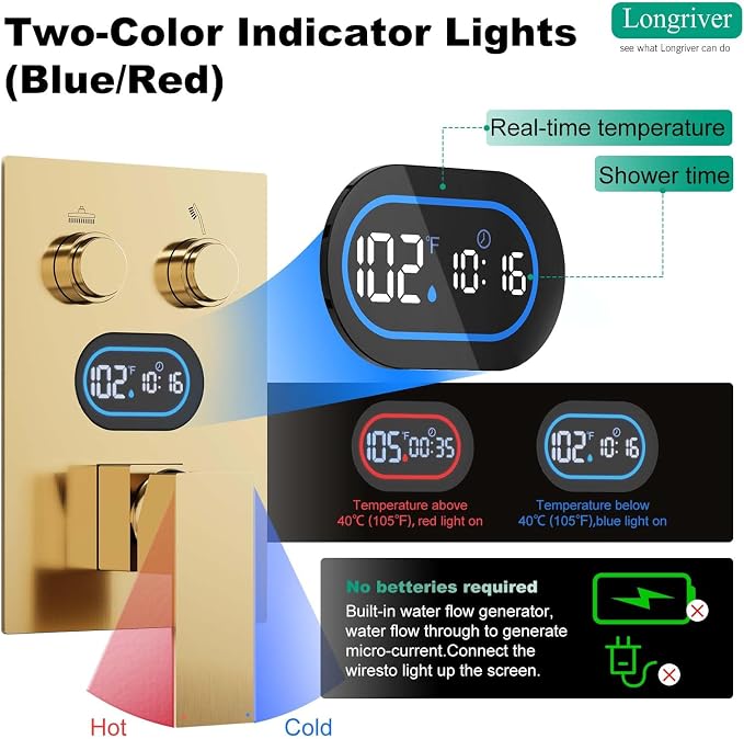 Push Button Diverter Shower Faucet Set Hydro Power Temperature Display - Image 2