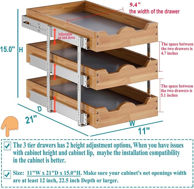 OCG Pull Out Cabinet Drawer 11" W x 21" D, 3 Tier Pull Out Cabinet Organizer - Image 3