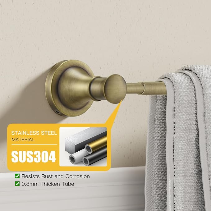 BESy Adjustable Antique Brass 16.5 to 28.7 Inch Bath Towel Bar Rack - Image 3