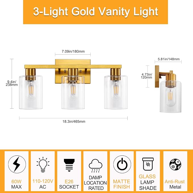Gold 3-Light Bathroom Vanity Light, Modern Brushed Gold Vanity Lights - Image 3