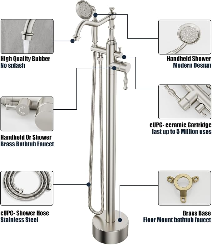 Brushed Nickel Bathtub Faucet Freestanding Tub Filler High Pressure Single - Image 6