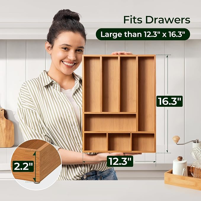 Carbonized Bamboo Kitchen Drawer Organizer, 8 Slots Silverware Organizer - Image 4
