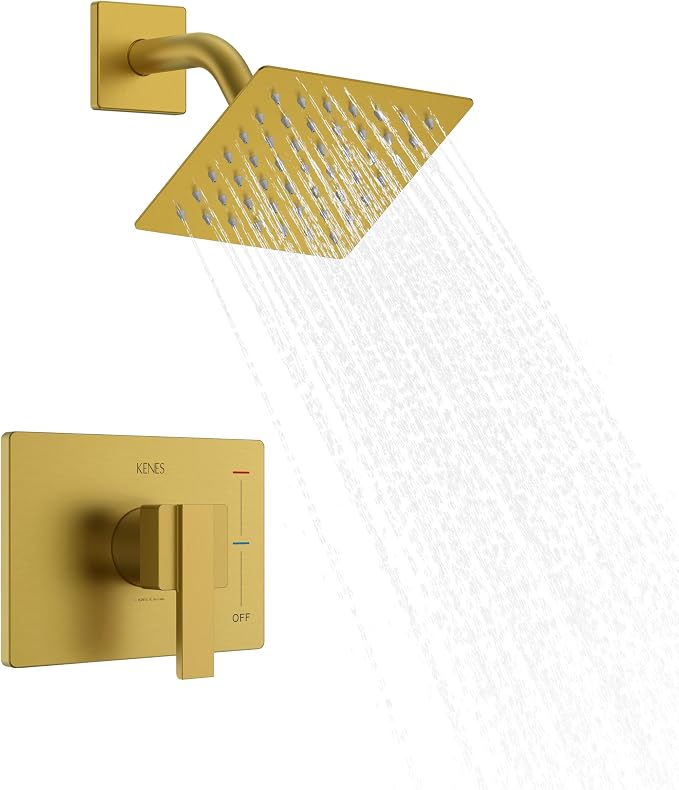 KENES Brushed Gold Shower Faucet, Modern Square 6-Inch Shower Head and Handle by KENESBathroomKitchen