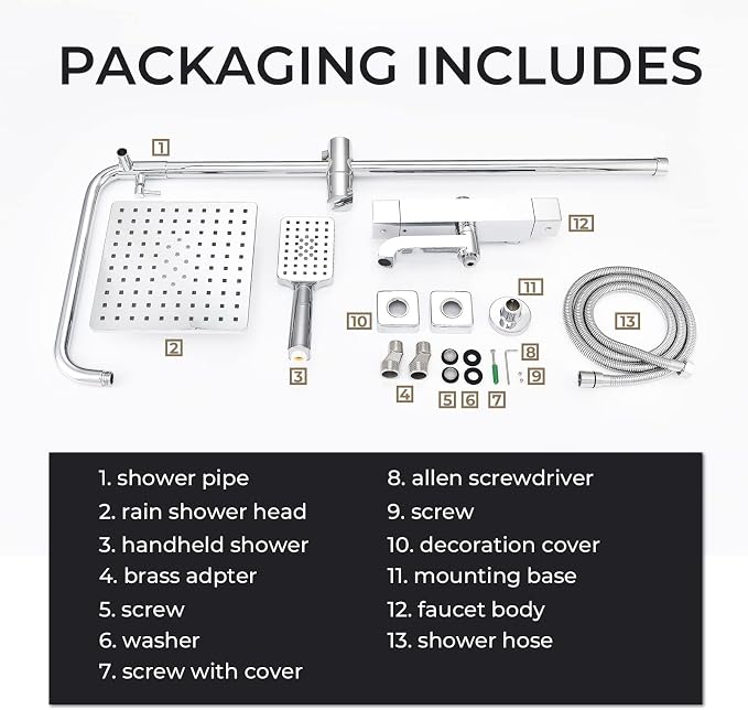 Shower Faucet Set 8" Square Shower Head 3 Function Thermostatic Rainfall Shower - Image 7