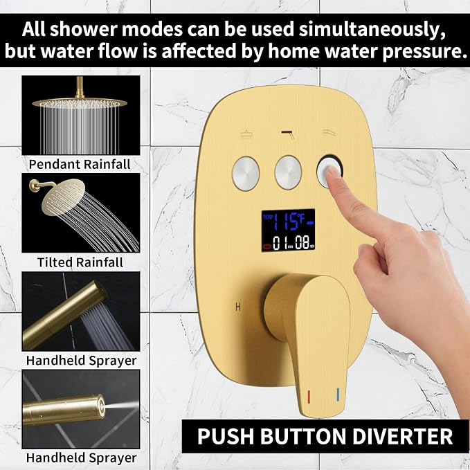 12Inch Brushed Gold Ceiling Shower System & 8Inch Wall-Mount Shower Faucet Set - Image 3