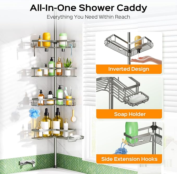 HAMITOR Shower Caddy Tension Pole: 4-Tier Corner Rustproof Bathroom Organizer - Image 6