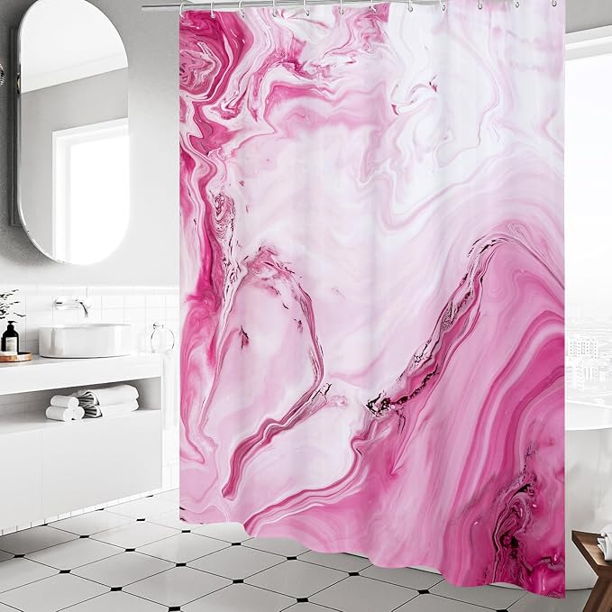 MitoVilla Hot Pink Marble Shower Curtain, Modern Ombre Fabric Cloth Shower - Image 2