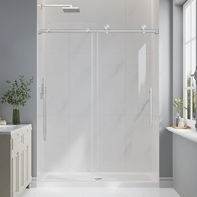 Frameless Glass Shower Door, 55-60" W x 76" H Sliding Frameless Shower Door by EASYWORC