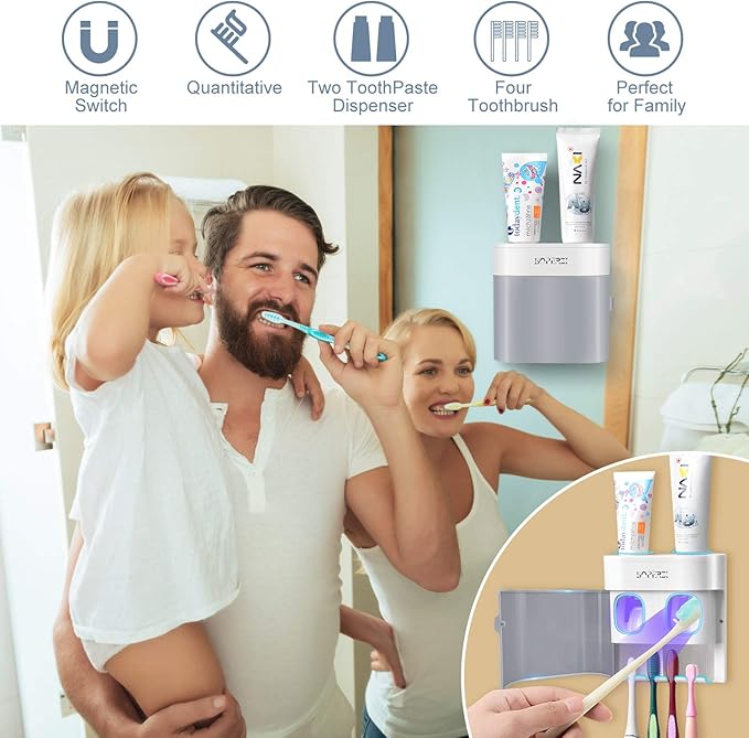 Boperzi Toothbrush Holder Wall Mounted Toothpaste Dispenser Gray Dustproof Cover - Image 4