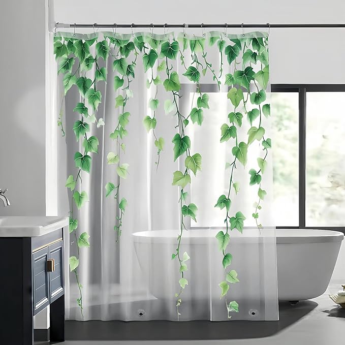 Clear Green Ivy Leaves Shower Curtain Liner, Transparent Plastic Nature Green - Image 3