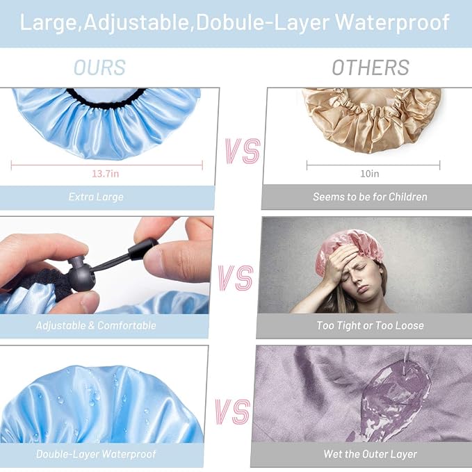 Auban Shower Cap for Women, Adjustable Reusable, Extra Large, Double-Layer - Image 8