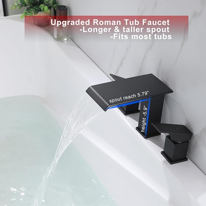 Roman Tub Faucet Two Handle Waterfall Spout Matte Black 3 Hole Bathtub Faucet - Image 2