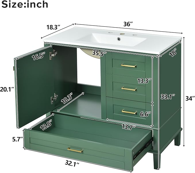 36" Bathroom Vanity with Solid Pine Frame, 1 Soft Close Door and 3 Drawers - Image 2