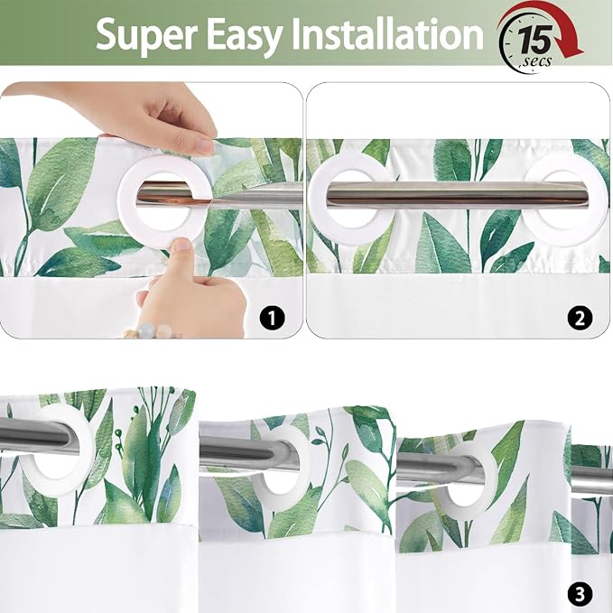 No Hook Shower Curtain and Liner Set, Light Green Eucalyptus Floral Shower - Image 4