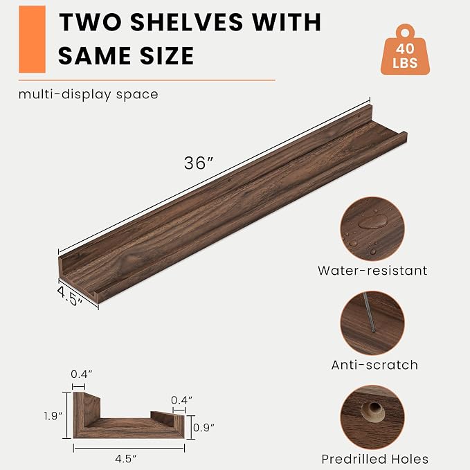 Heimlove Picture Ledge Shelf, Floating Shelves Set of 2, 36 Inches Picture Shelf - Image 3