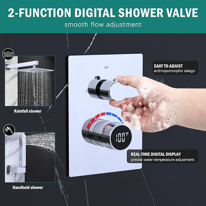 Temperature Display 2 Way Shower Valve Brass Rough-in and Rectangle Trim Kit - Image 3