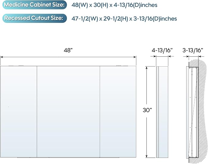 WELLFOR 48" x 30" Rectangle Medicine Cabinet Mirror, Surface Mount or Recessed - Image 2