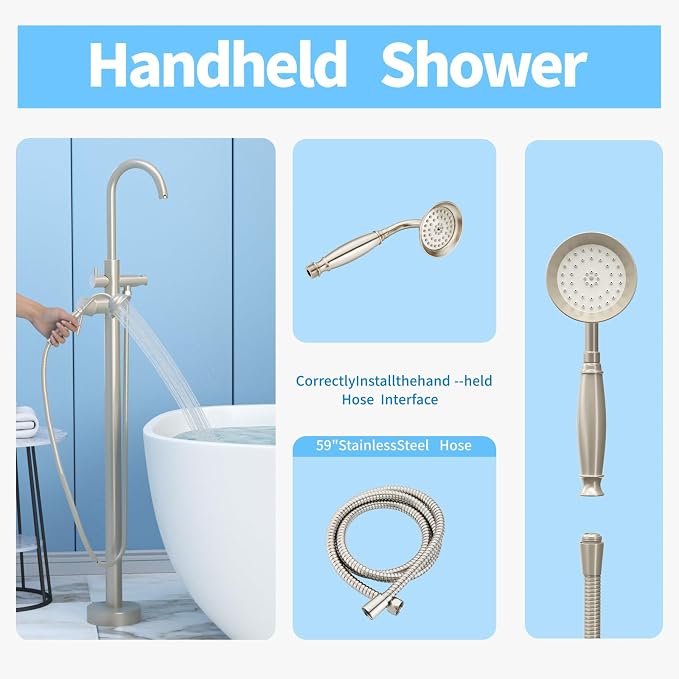 Freestanding Tub Filler Brushed Nickel Floor Mount Bathtub Faucet Bathroom - Image 5