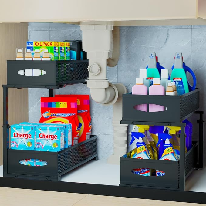 2 Pack Under Sink Organizer, 2 Tier Pull Out Sink Shelf, Cabinet Organizer by Bepuo