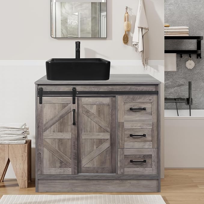 36 Inch Barn Door Bathroom Vanity, Farmhouse Style Standing Pedestal Cabinet by Solidee