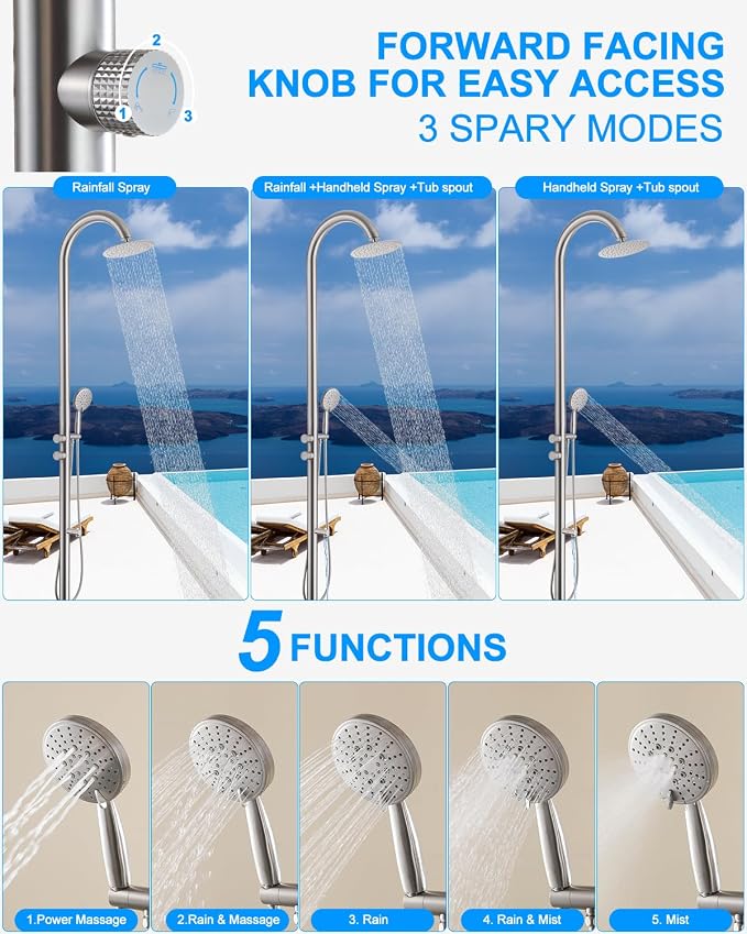 Free Standing Outdoor Shower Stainless Steel, 5-Function Nickel Shower Kit - Image 6
