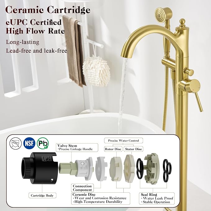 Free Standing Tub Faucet, High Flow Rate Brushed Light Gold Classic - Image 8