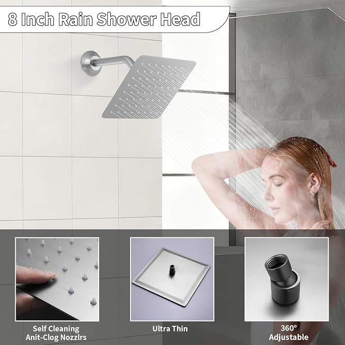 Bathroom Rainfall Shower System Wall Mount 8 Inch Shower Head - Image 2