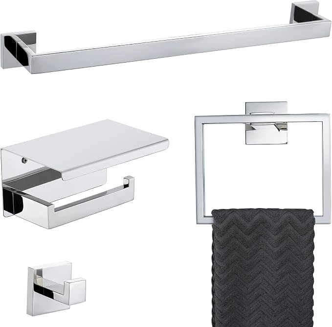 4-Piece Bathroom Hardware Set Chrome Bath Towel Bar Holder Sets Wall Mounted by TQKAG