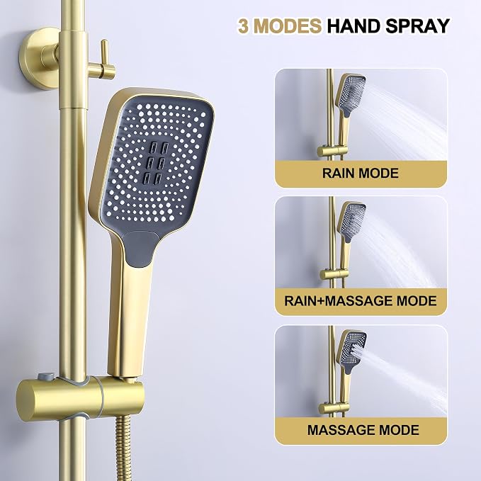 Shower Systems with 12 x8 Inches Rain Shower Head, Brushed Gold Exposed Pipe - Image 8
