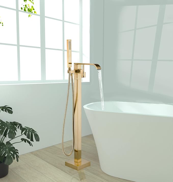 Freestanding Bathtub Faucet Brushed Gold Floor Mount Waterfall Tub Filler High by Pafilly
