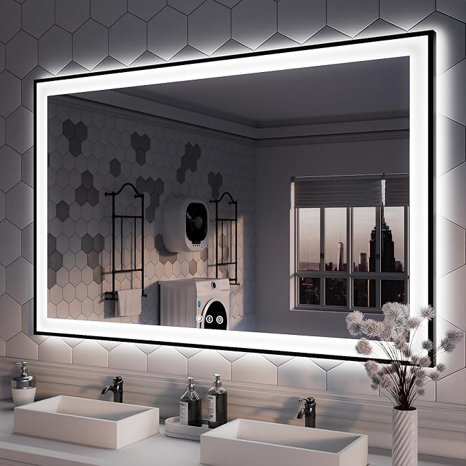 ISKM Framed LED Mirror for Bathroom 55"x36", Dimmable LED Bathroom Mirror by ISKM-IStillKeepMovin