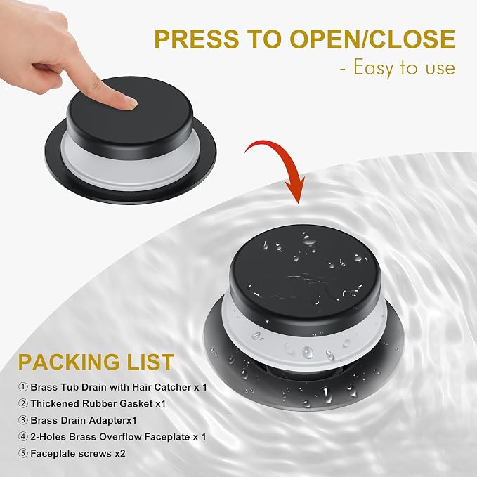 Matte Black Bathtub Drain Stopper and Overflow Kit, Solid Brass Tip-Toe Bath - Image 4