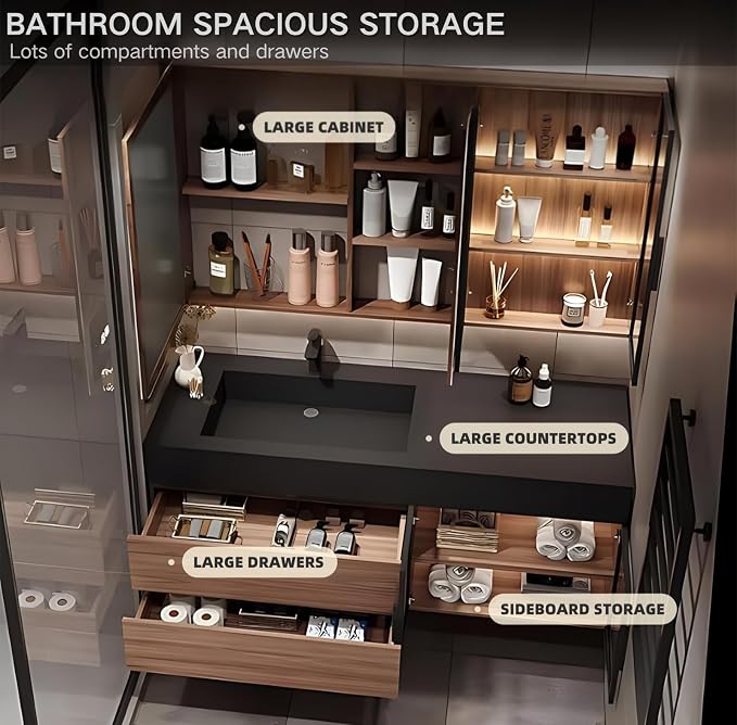 Single Sink Bathroom Vanity, Floating Bathroom Vanity Set Includes LED Smart - Image 3