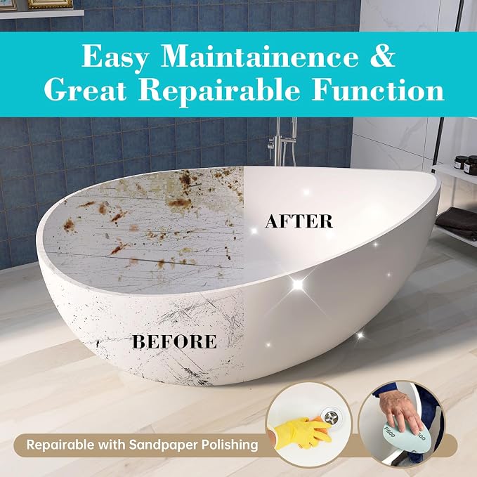 63'' Solid Surface Freestanding Bathtub Matte Soaking Bathtubs Tubs Oval Resin - Image 6