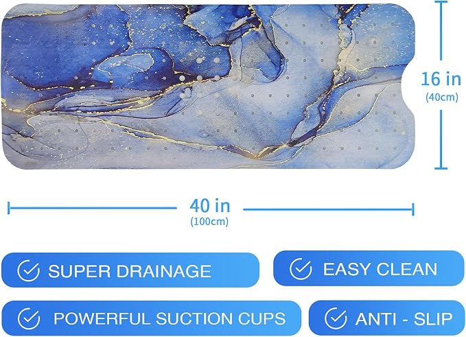 Blue Bathtub Mat Non Slip Marble Gold Line Extra Long Bath Mat - Image 7