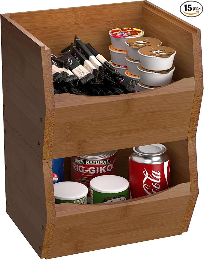 2 Set Open Front Small Stackable Storage Bins, Bamboo Stacking Storage Bins by Bamdibola