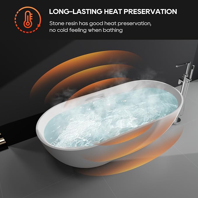 SJ STAR&JANE 69" Solid Surface Freestanding Bathtub, Matte White Oval Stone - Image 3