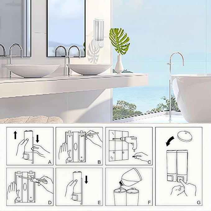 White Manual Bathroom Wall Mounted Soap Dispenser, 10oz/300ml Single Bathroom - Image 5