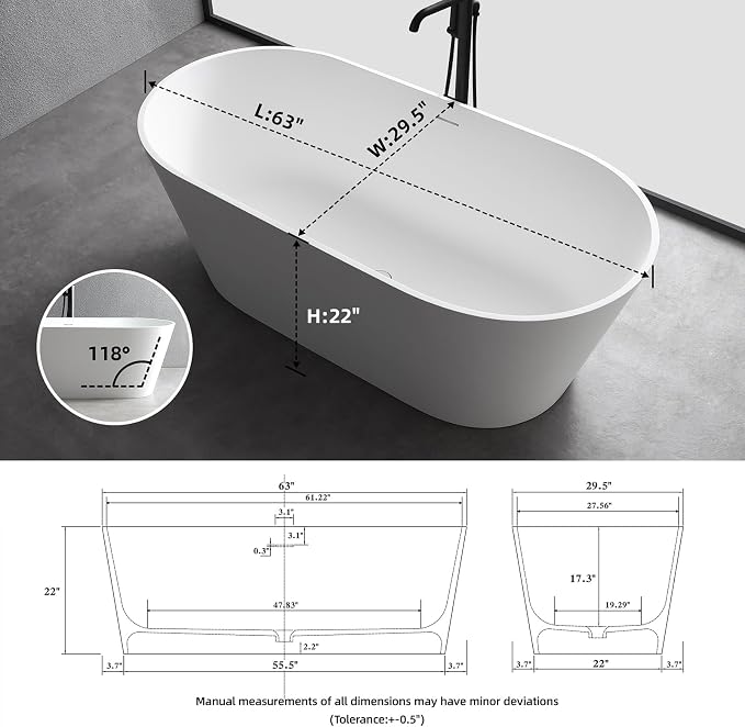 63'' Freestanding Bathtub Solid Surface Matte Bathroom Bathtub Soaking Tubs - Image 3
