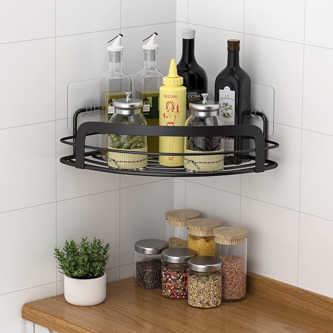 STEUGO Black Bathroom Corner Shower Shelfs, Adhesive Wall Mounted Shower Caddy - Image 3