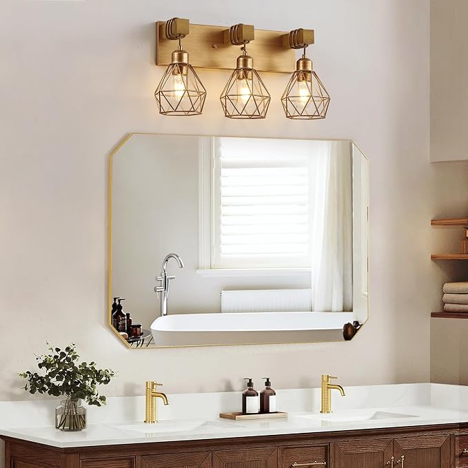 Farmhouse Bathroom Light Fixtures, 3-Light Gold Bathroom Vanity Light, Rustic - Image 2