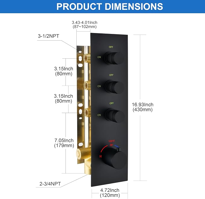 Matte Black 3 Way Shower Diverter Valve - Image 2